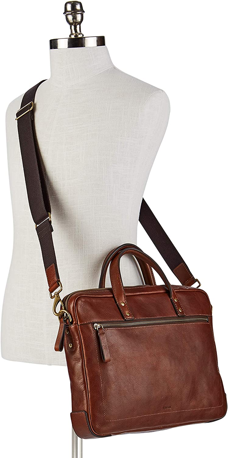 Fossil Men's Haskell Leather Double Zip Briefcase Messenger Laptop Bag， Cognac ， (Model: MBG9342222) - Image 6